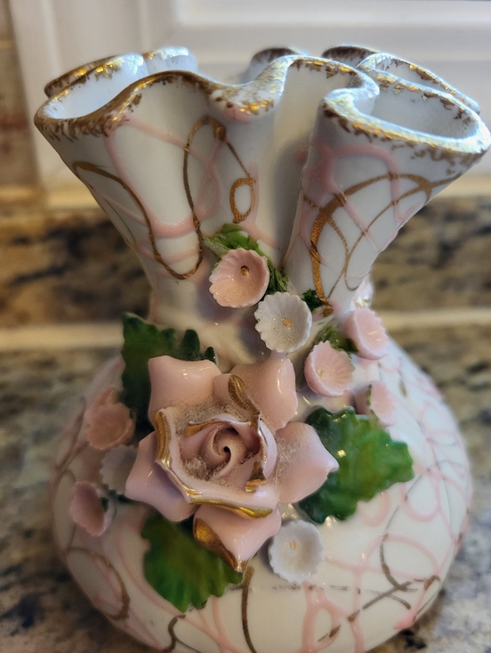 Lefton Other - Lefton Porcelain Heavily Crimped  Pink Floral Accent Vase with Gold Trim